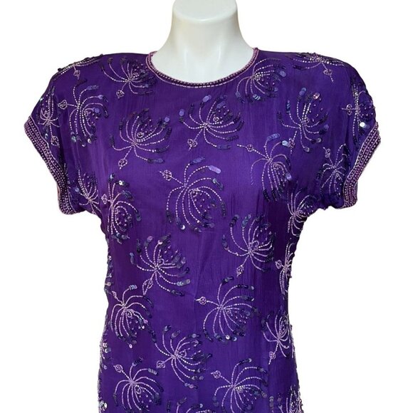 Vintage 90s Beaded Silk Cocktail Dress Royal Purple Size 6 XS/S - Picture 2 of 10